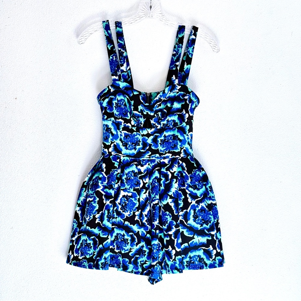 MATERIAL GIRL | Blue & Black Floral Romper/Dress w/ Built-in Skort & Pockets